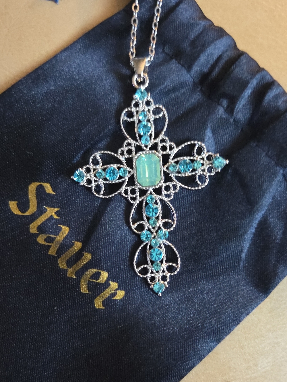 Stauer Victorian Grace Cross Necklace (Blue and Green)